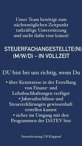 Wir brauchen Unterstützung und suchen ab sofort eine(n) Steuerfachangestellte(n) Wir brauchen Unterstützung und suchen ab sofort eine(n) Steuerfachangestellte(n)